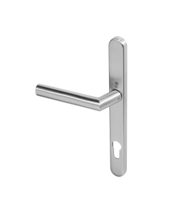 BLU Satin Stainless Steel Angled Lever Door Handle on euro backplate  |  AML096-SSS