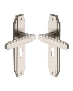 Heritage Brass Satin Nickel Astoria Door Handle on Plate - Euro Profile