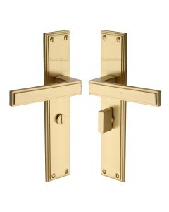Heritage Brass Satin Brass Atlantis Long Door Handle on Plate - Bathroom Set