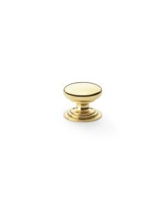 Alexander and Wilks Polished Brass Lacquer 25mm Round Cupboard Knob on Stepped Rose | AW825-25-PBL