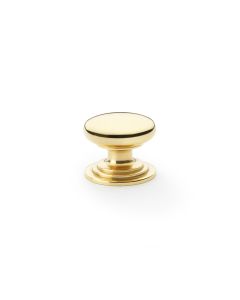 Alexander and Wilks Polished Brass Lacquer 32mm Round Cupboard Knob on Stepped Rose | AW825-32-PBL