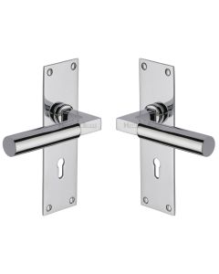 Heritage Brass Polished Chrome Bauhaus Door Handle on Plate - Lever Lock