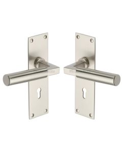 Heritage Brass Satin Nickel Bauhaus Door Handle on Plate - Lever Lock