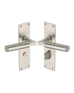 Heritage Brass Satin Nickel Bauhaus Door Handle on Plate - Bathroom Set