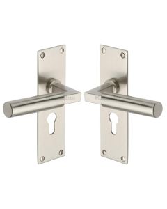 Heritage Brass Satin Nickel Bauhaus Door Handle on Plate - Euro Profile