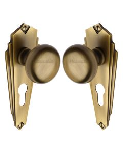 Heritage Brass Antique Brass Broadway Door Knob on Plate - Euro Profile