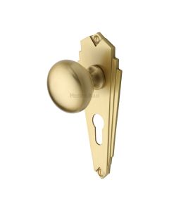 Heritage Brass Satin Brass Broadway Door Knob on Plate - Euro Profile