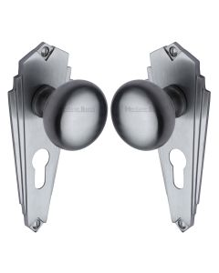 Heritage Brass Satin Chrome Broadway Door Knob on Plate - Euro Profile