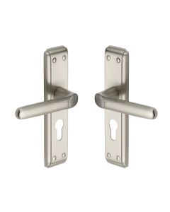 Heritage Brass Satin Nickel Deco Door Handle on Plate - Euro Profile