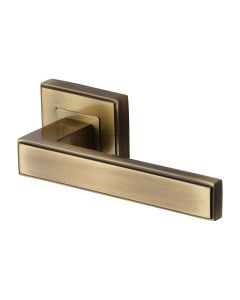 Antique Brass Linear Sq Door Handle on Square Rose