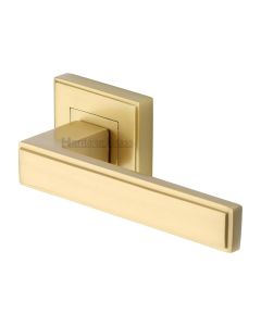 Satin Brass Linear Sq Door Handle on Square Rose