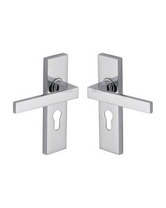 Heritage Brass Polished Chrome Delta Door Handle on Plate - Euro Profile