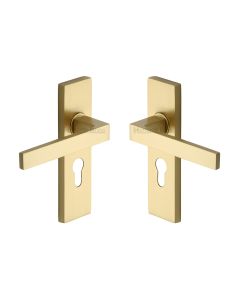 Heritage Brass Satin Brass Delta Door Handle on Plate - Euro Profile
