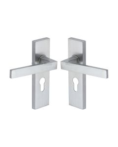 Heritage Brass Satin Chrome Delta Door Handle on Plate - Euro Profile
