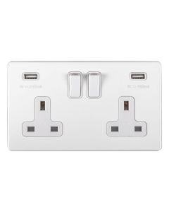 Eurolite White Plate 2 Gang 13A DP Switched Socket with USB | ECW2USBW