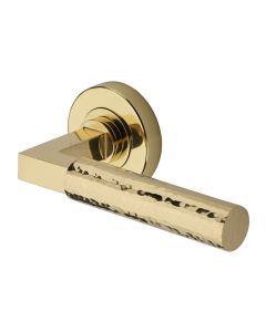 Polished Brass Hammered Bauhaus Door Handle on Round Rose