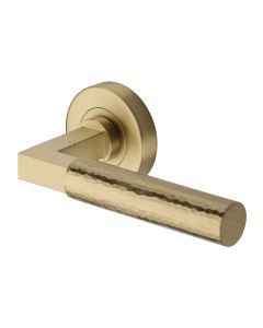 Satin Brass Hammered Bauhaus Door Handle on Round Rose