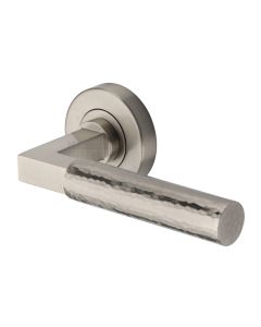 Satin Nickel Hammered Bauhaus Door Handle on Round Rose