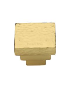 Heritage Brass Polished Brass Square Stepped Cabinet Knob Hammered Design 32mm