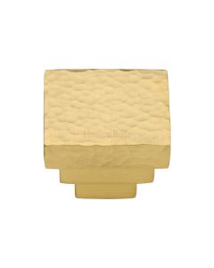 Heritage Brass Satin Brass Square Stepped Cabinet Knob Hammered Design 32mm