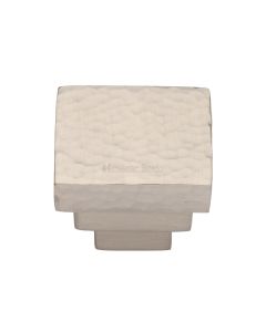 Heritage Brass Satin Nickel Square Stepped Cabinet Knob Hammered Design 32mm