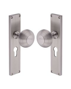 Heritage Brass Satin Nickel Beehive Door Knob on Reeded Plate - Euro Profile Set