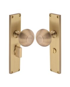 Heritage Brass Satin Brass Beehive Door Knob on Reeded Plate - Bathroom Set
