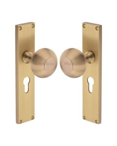 Heritage Brass Satin Brass Beehive Door Knob on Reeded Plate - Euro Profile Set