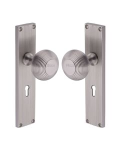 Heritage Brass Satin Nickel Beehive Door Knob on Reeded Plate - Lock Set