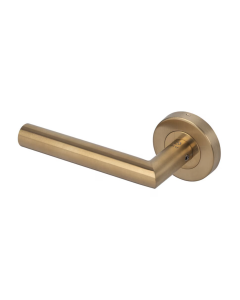 BLU Satin Brass Mitre Lever Door Handle on rose | KM060C-PSB