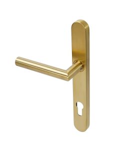 BLU Satin Brass Mitre Lever Door Handle on euro backplate  |  KM078C-PSB
