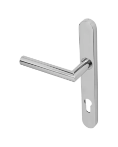 BLU Polished Stainless Steel Mitre Lever Door Handle on euro backplate  |  KM078C-PSS
