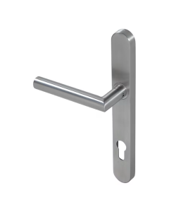 BLU Satin Stainless Steel Mitre Lever Door Handle on euro backplate  |  KM078C-SSS
