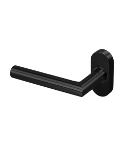 BLU Matt Black Mitre Lever Door Handle on oval rose | KM960C-MBL