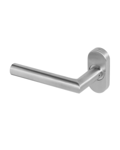 BLU Satin Stainless Steel Mitre Lever Door Handle on oval rose |  KM960C-SSS