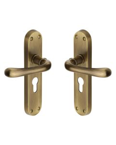 Heritage Brass Antique Brass Luna Door Handle on Plate - Euro Profile