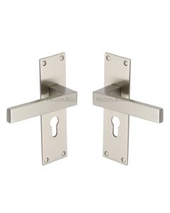 Heritage Brass Satin Nickel Metro Door Handle on Plate - Euro Profile