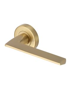 Satin Brass Pyramid Door Handle on Round Rose