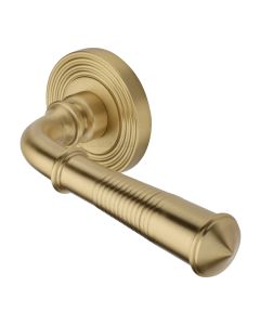Satin Brass Bridgetown Reeded Door Handle on Round Rose