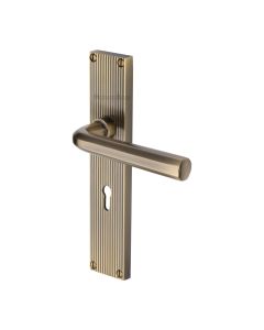 Heritage Brass Antique Brass Octave Reeded Door Handle on Plate - Lever Lock