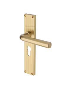 Heritage Brass Satin Brass Octave Reeded Door Handle on Plate - Euro Profile