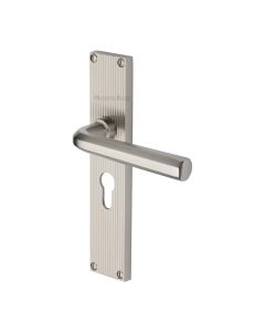 Heritage Brass Satin Nickel Octave Reeded Door Handle on Plate - Euro Profile