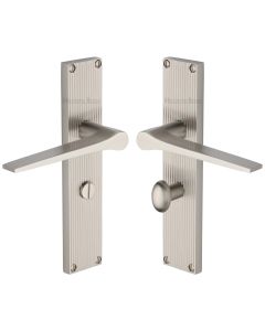 Heritage Brass Satin Nickel Gio Reeded Door Handle on Plate - Bathroom Set