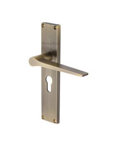 Heritage Brass Antique Brass Gio Reeded Door Handle on Plate - Euro Profile