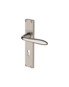 Heritage Brass Satin Nickel Sutton Reeded Door Handle on Plate - Lever Lock