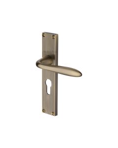 Heritage Brass Antique Brass Sutton Reeded Door Handle on Plate - Euro Profile