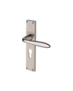 Heritage Brass Satin Nickel Sutton Reeded Door Handle on Plate - Euro Profile
