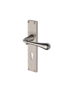Heritage Brass Satin Nickel Roma Reeded Door Handle on Plate - Lever Lock
