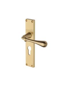 Heritage Brass Satin Brass Roma Reeded Door Handle on Plate - Euro Profile
