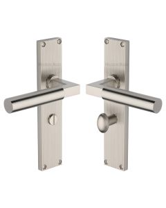 Heritage Brass Satin Nickel Bauhaus Reeded Door Handle on Plate - Bathroom Set